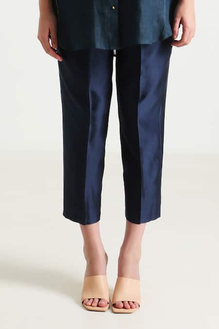 Shop_Arcvsh By Pallavi Singh_Blue Gabardine, Silk, Chanderi Embroidery Collared Front Shirt With Pant _Online_at_Aza_Fashions