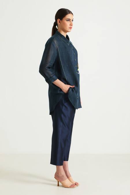 Buy_Arcvsh By Pallavi Singh_Blue Gabardine, Silk, Chanderi Embroidery Collared Front Shirt With Pant 
