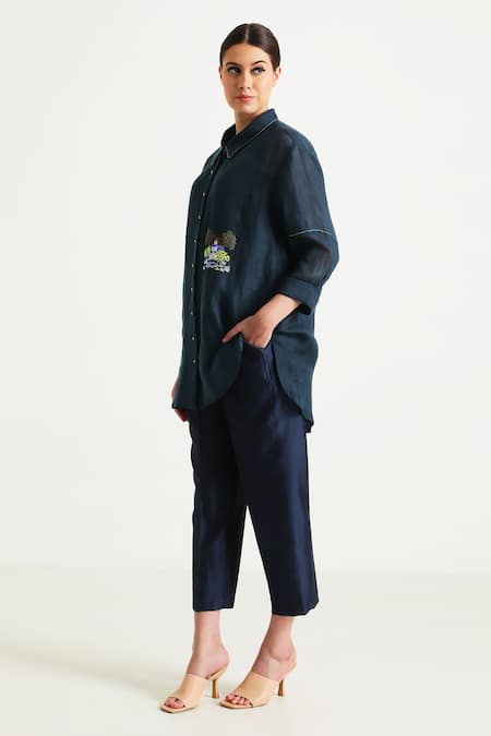 Shop_Arcvsh By Pallavi Singh_Blue Gabardine, Silk, Chanderi Embroidery Collared Front Shirt With Pant 