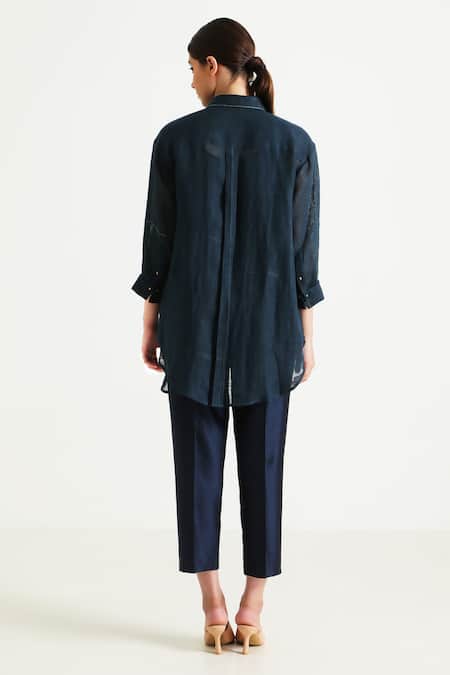 Shop_Arcvsh By Pallavi Singh_Blue Gabardine, Silk, Chanderi Embroidery Collared Front Shirt With Pant _at_Aza_Fashions