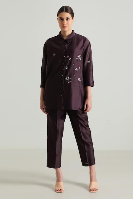 Arcvsh by Pallavi Singh Purple Silk Chanderi Embroidered Floral Collared Front Shirt With Pant 