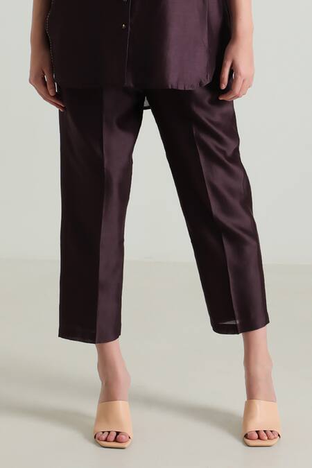 Arcvsh By Pallavi Singh_Purple Silk, Chanderi Embroidery Collared Floral Front Shirt With Pant _Online_at_Aza_Fashions