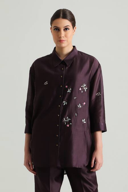 Buy_Arcvsh By Pallavi Singh_Purple Silk, Chanderi Embroidery Collared Floral Front Shirt With Pant _Online_at_Aza_Fashions
