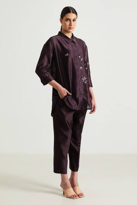 Shop_Arcvsh By Pallavi Singh_Purple Silk, Chanderi Embroidery Collared Floral Front Shirt With Pant _Online_at_Aza_Fashions