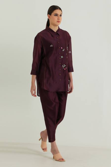 Buy_Arcvsh By Pallavi Singh_Purple Silk, Chanderi Embroidery Collared Floral Front Shirt With Pant 