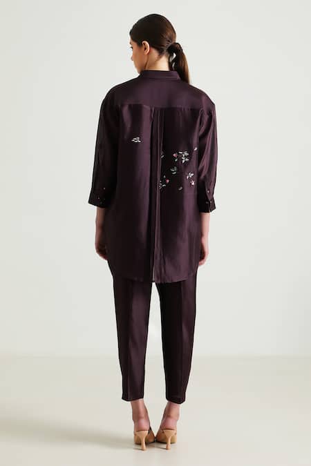 Shop_Arcvsh By Pallavi Singh_Purple Silk, Chanderi Embroidery Collared Floral Front Shirt With Pant _at_Aza_Fashions