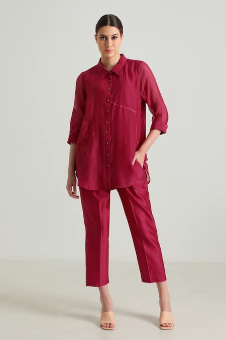 Arcvsh by Pallavi Singh Fuchsia Cotton Chanderi Embroidered Carnation Collared Shirt With Pant 