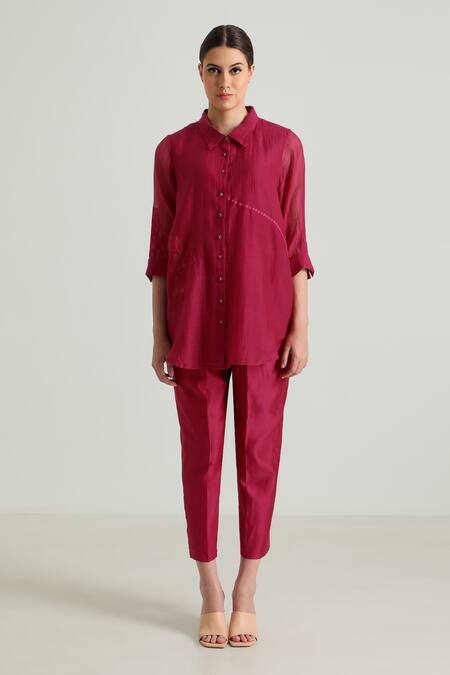 Arcvsh By Pallavi Singh_Fuchsia Chanderi, Cotton, Silk Embroidery Collared Carnation Shirt With Pant _Online_at_Aza_Fashions