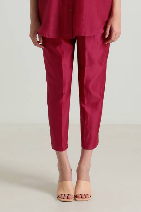 Buy_Arcvsh By Pallavi Singh_Fuchsia Chanderi, Cotton, Silk Embroidery Collared Carnation Shirt With Pant _Online_at_Aza_Fashions