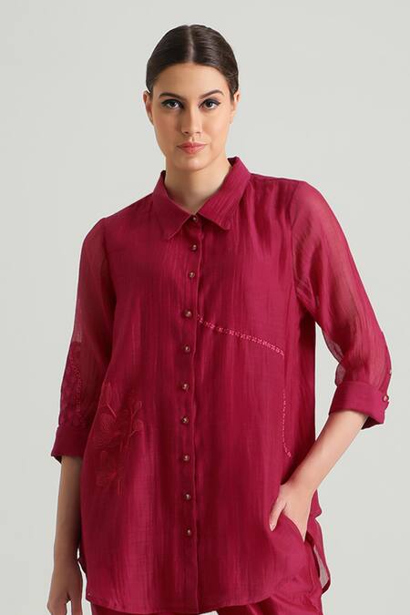 Shop_Arcvsh By Pallavi Singh_Fuchsia Chanderi, Cotton, Silk Embroidery Collared Carnation Shirt With Pant _Online_at_Aza_Fashions