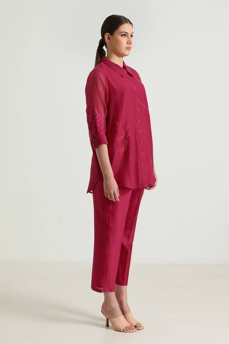 Arcvsh By Pallavi Singh_Fuchsia Chanderi, Cotton, Silk Embroidery Collared Carnation Shirt With Pant _at_Aza_Fashions