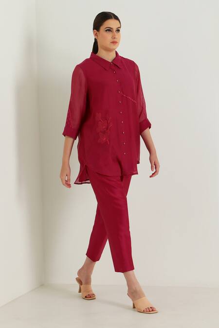 Buy_Arcvsh By Pallavi Singh_Fuchsia Chanderi, Cotton, Silk Embroidery Collared Carnation Shirt With Pant 