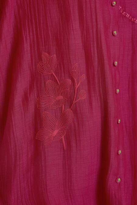 Shop_Arcvsh By Pallavi Singh_Fuchsia Chanderi, Cotton, Silk Embroidery Collared Carnation Shirt With Pant 