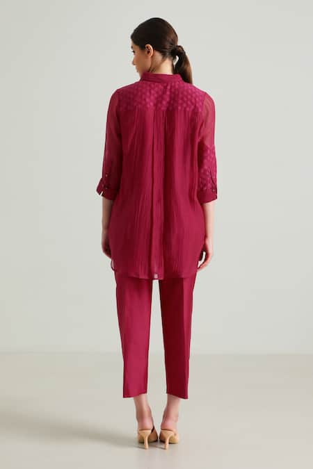 Shop_Arcvsh By Pallavi Singh_Fuchsia Chanderi, Cotton, Silk Embroidery Collared Carnation Shirt With Pant _at_Aza_Fashions