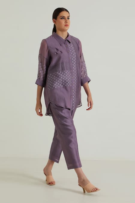 Arcvsh by Pallavi Singh Purple Cotton Chanderi Lace Collared Detailed Shirt With Pant 