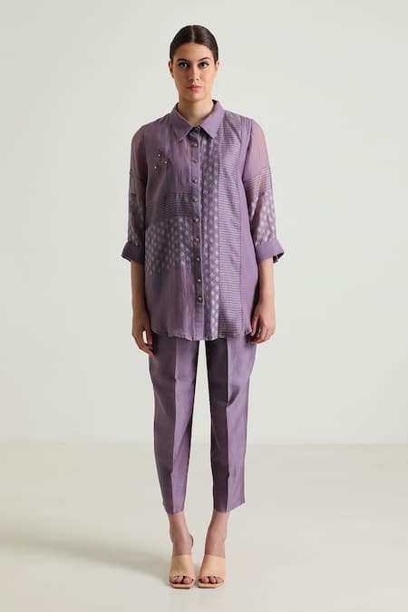 Arcvsh By Pallavi Singh_Purple Silk, Cotton Lace Collared Detailed Shirt With Pant _Online_at_Aza_Fashions