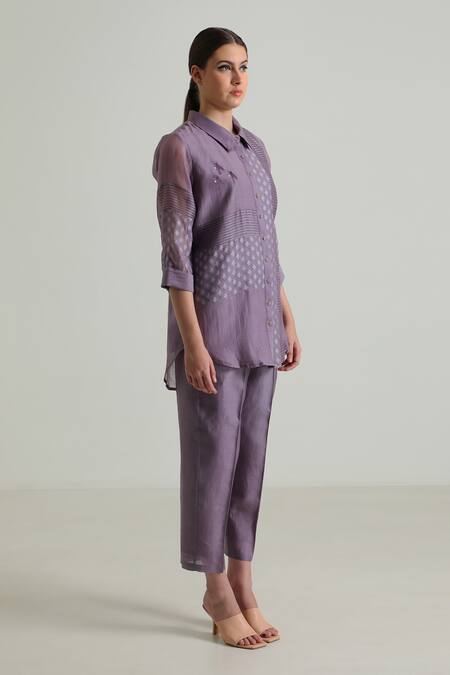 Shop Arcvsh By Pallavi Singh Purple Silk, Cotton Lace Collared Detailed Shirt With Pant Online at Aza Fashions Shop_Arcvsh By Pallavi Singh_Purple Silk, Cotton Lace Collared Detailed Shirt With Pant _Online_at_Aza_Fashions