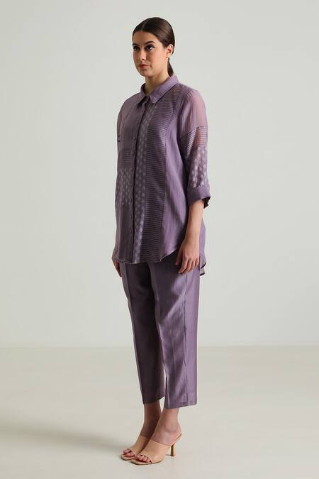 Arcvsh By Pallavi Singh Purple Silk, Cotton Lace Collared Detailed Shirt With Pant at Aza Fashions Arcvsh By Pallavi Singh_Purple Silk, Cotton Lace Collared Detailed Shirt With Pant _at_Aza_Fashions