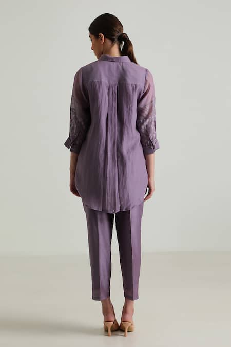 Shop Arcvsh By Pallavi Singh Purple Silk, Cotton Lace Collared Detailed Shirt With Pant at Aza Fashions Shop_Arcvsh By Pallavi Singh_Purple Silk, Cotton Lace Collared Detailed Shirt With Pant _at_Aza_Fashions
