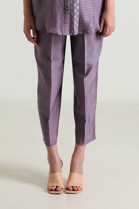 Shop Arcvsh By Pallavi Singh Purple Silk, Cotton Lace Collared Detailed Shirt With Pant Shop_Arcvsh By Pallavi Singh_Purple Silk, Cotton Lace Collared Detailed Shirt With Pant