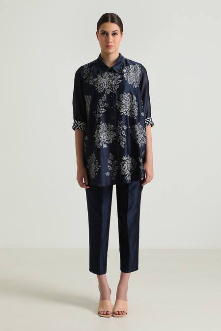 Arcvsh By Pallavi Singh_Blue Cotton, Silk, Embroidery Wild Weed Print Shirt With Pant _Online_at_Aza_Fashions