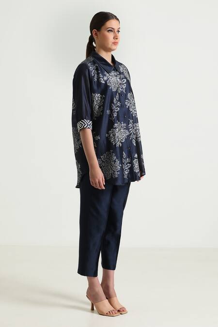 Shop_Arcvsh By Pallavi Singh_Blue Cotton, Silk, Embroidery Wild Weed Print Shirt With Pant _Online_at_Aza_Fashions