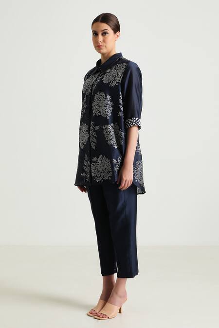 Arcvsh By Pallavi Singh_Blue Cotton, Silk, Embroidery Wild Weed Print Shirt With Pant _at_Aza_Fashions