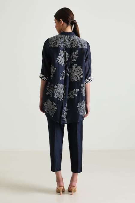 Shop_Arcvsh By Pallavi Singh_Blue Cotton, Silk, Embroidery Wild Weed Print Shirt With Pant _at_Aza_Fashions