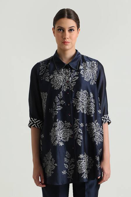 Buy_Arcvsh By Pallavi Singh_Blue Cotton, Silk, Embroidery Wild Weed Print Shirt With Pant 