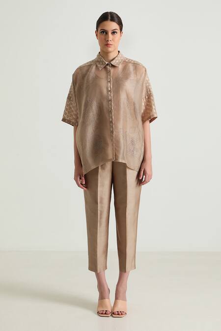 Arcvsh By Pallavi Singh_Beige Organza, Silk Lace Collared Detailed Shirt And Pant Set _Online_at_Aza_Fashions