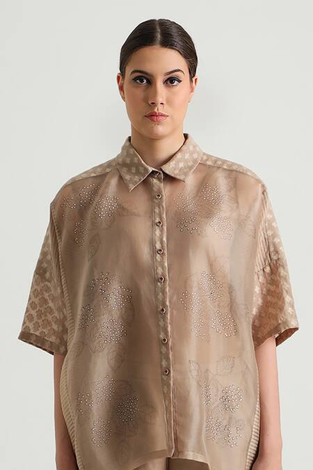 Buy_Arcvsh By Pallavi Singh_Beige Organza, Silk Lace Collared Detailed Shirt And Pant Set _Online_at_Aza_Fashions