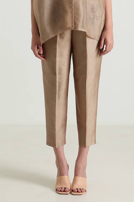 Shop_Arcvsh By Pallavi Singh_Beige Organza, Silk Lace Collared Detailed Shirt And Pant Set _Online_at_Aza_Fashions