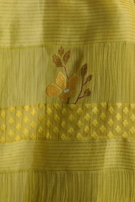 Arcvsh By Pallavi Singh_Yellow Organza, Cotton, Linen, Chanderi, Detailed Asymmetric Shirt With Pant _Online_at_Aza_Fashions