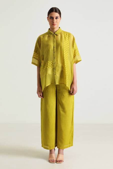Buy_Arcvsh By Pallavi Singh_Yellow Organza, Cotton, Linen, Chanderi, Detailed Asymmetric Shirt With Pant _Online_at_Aza_Fashions