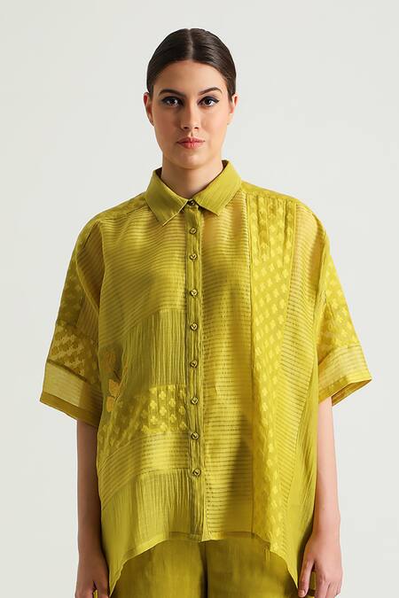 Shop_Arcvsh By Pallavi Singh_Yellow Organza, Cotton, Linen, Chanderi, Detailed Asymmetric Shirt With Pant _Online_at_Aza_Fashions