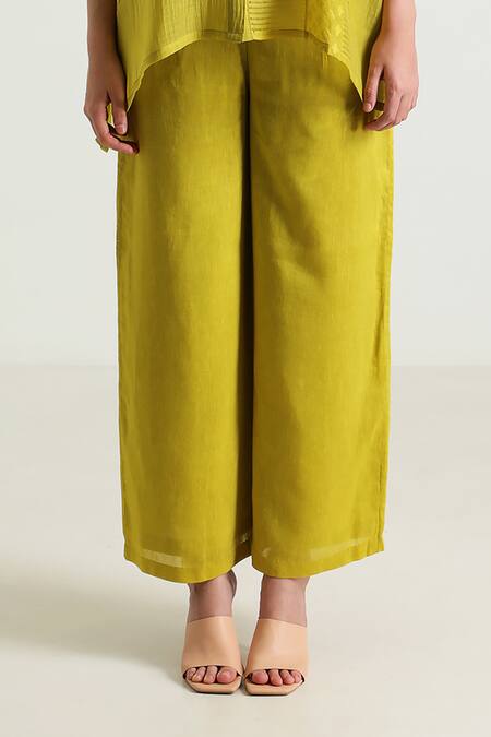 Arcvsh By Pallavi Singh_Yellow Organza, Cotton, Linen, Chanderi, Detailed Asymmetric Shirt With Pant _at_Aza_Fashions