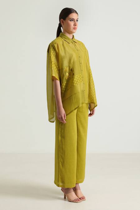 Buy_Arcvsh By Pallavi Singh_Yellow Organza, Cotton, Linen, Chanderi, Detailed Asymmetric Shirt With Pant 