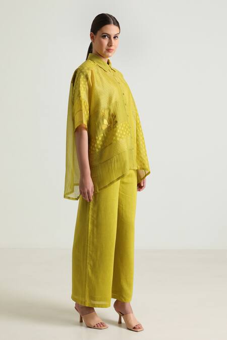 Shop_Arcvsh By Pallavi Singh_Yellow Organza, Cotton, Linen, Chanderi, Detailed Asymmetric Shirt With Pant 
