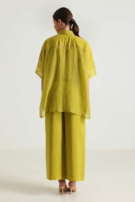 Shop_Arcvsh By Pallavi Singh_Yellow Organza, Cotton, Linen, Chanderi, Detailed Asymmetric Shirt With Pant _at_Aza_Fashions