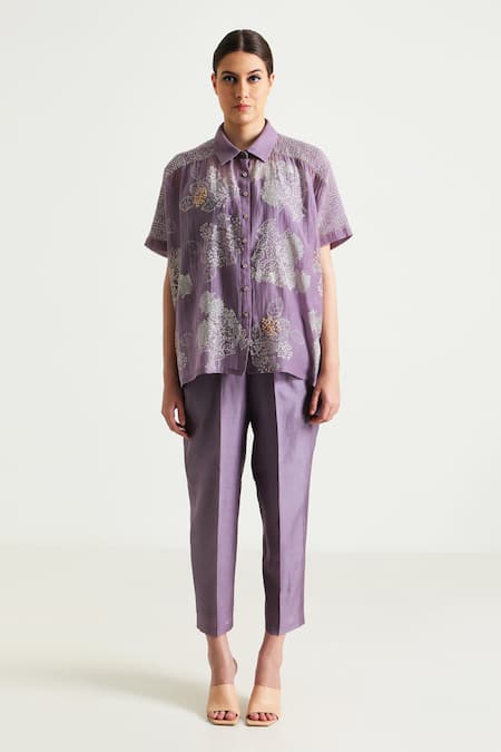 Arcvsh By Pallavi Singh_Purple Cotton, Silk, Embroidery Floral Print Shirt With Pant _Online_at_Aza_Fashions