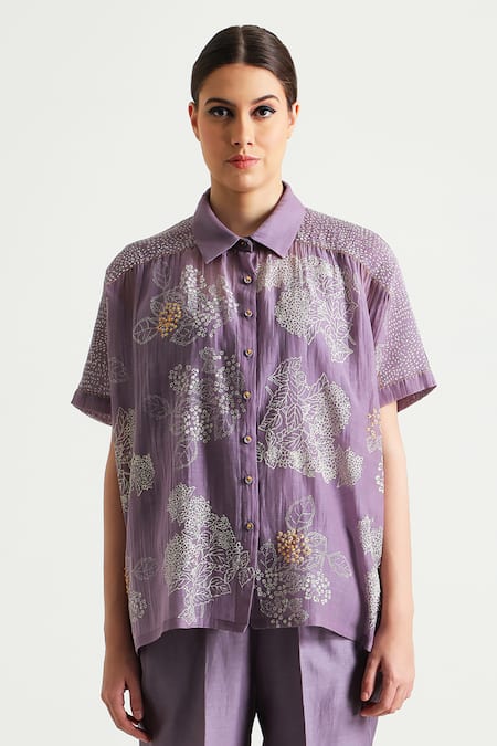 Shop_Arcvsh By Pallavi Singh_Purple Cotton, Silk, Embroidery Floral Print Shirt With Pant _Online_at_Aza_Fashions