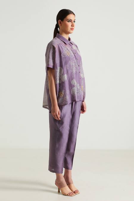 Arcvsh By Pallavi Singh_Purple Cotton, Silk, Embroidery Floral Print Shirt With Pant _at_Aza_Fashions
