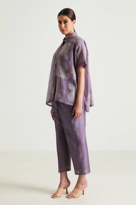 Buy_Arcvsh By Pallavi Singh_Purple Cotton, Silk, Embroidery Floral Print Shirt With Pant 