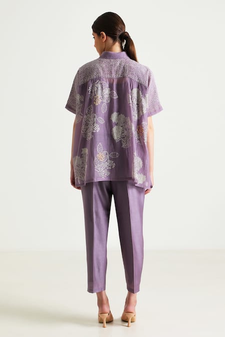 Shop_Arcvsh By Pallavi Singh_Purple Cotton, Silk, Embroidery Floral Print Shirt With Pant _at_Aza_Fashions
