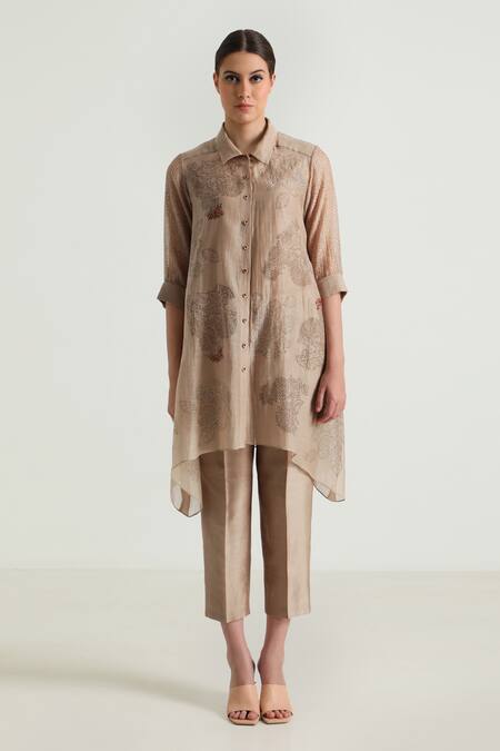 Arcvsh By Pallavi Singh_Beige Cotton, Silk, Floral Print Long Shirt With Pant _Online_at_Aza_Fashions