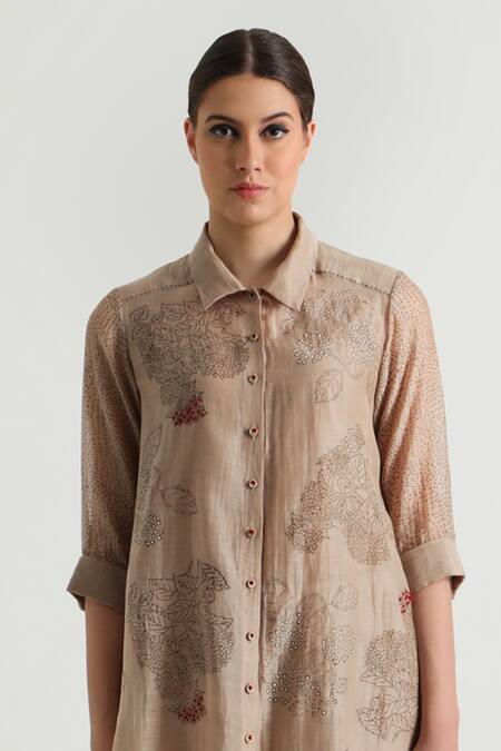 Buy_Arcvsh By Pallavi Singh_Beige Cotton, Silk, Floral Print Long Shirt With Pant _Online_at_Aza_Fashions