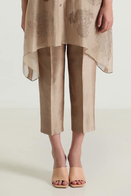 Shop_Arcvsh By Pallavi Singh_Beige Cotton, Silk, Floral Print Long Shirt With Pant _Online_at_Aza_Fashions