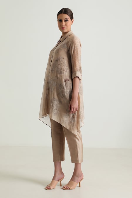 Buy_Arcvsh By Pallavi Singh_Beige Cotton, Silk, Floral Print Long Shirt With Pant 
