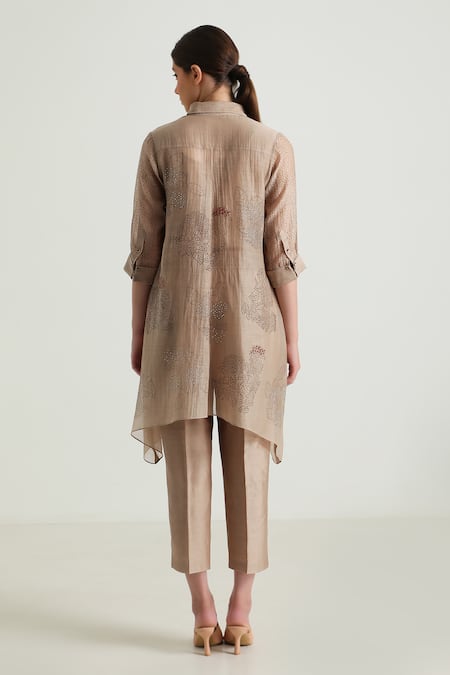 Shop_Arcvsh By Pallavi Singh_Beige Cotton, Silk, Floral Print Long Shirt With Pant _at_Aza_Fashions