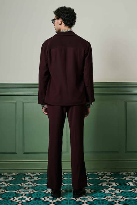 Shop Asuka Maroon Lace Solid Zip-up Jacket With Pant at Aza Fashions Shop_Asuka_Maroon Lace Solid Zip-up Jacket With Pant _at_Aza_Fashions